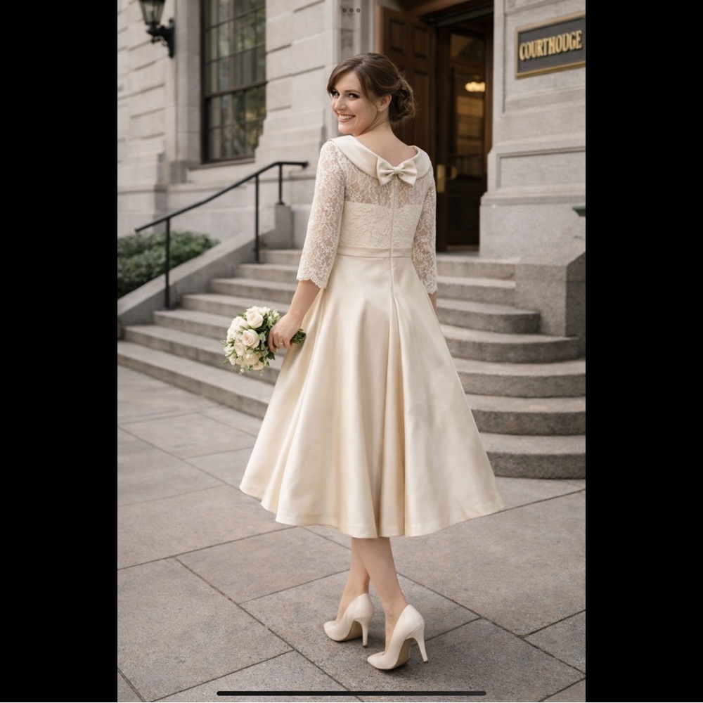 Tea Length Romantic Wedding Dress Satin Lace Bridal Courthouse Bow Back Size 14